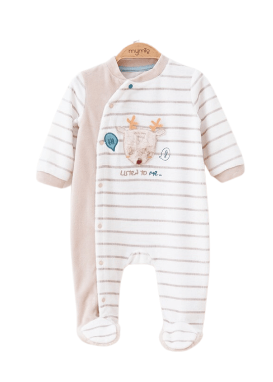 Довгий комбінезон з черевиками для хлопчика бежевий/білий з оленячими та велюровими смужками 5449 MyMio