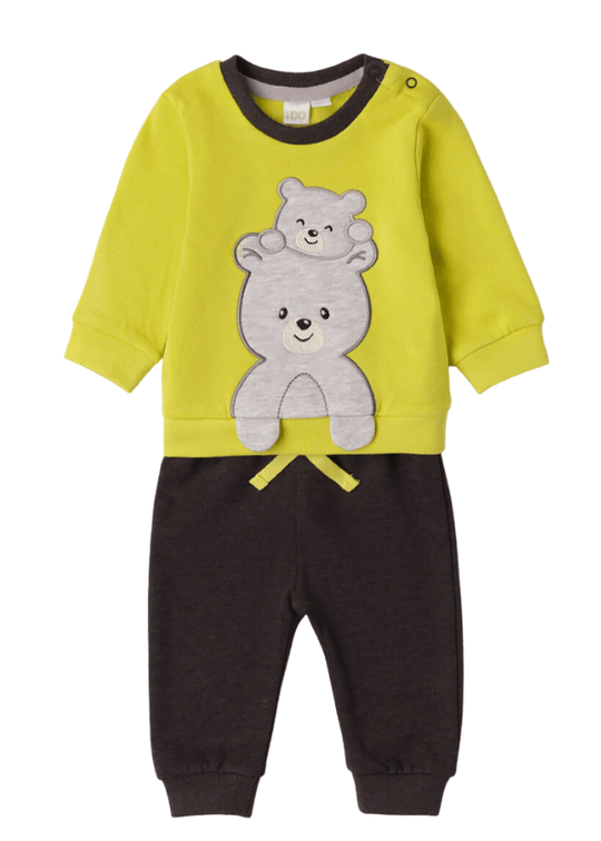 Set 2 Piese pentru Baietei, Bluza sport Verde Acid cu Urs si Pantaloni Gri 7158 iDO