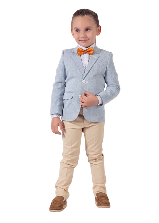 3 Piece Set, Blue Jacket, White Shirt with Navy Print and Beige Pants 9815 Lemon