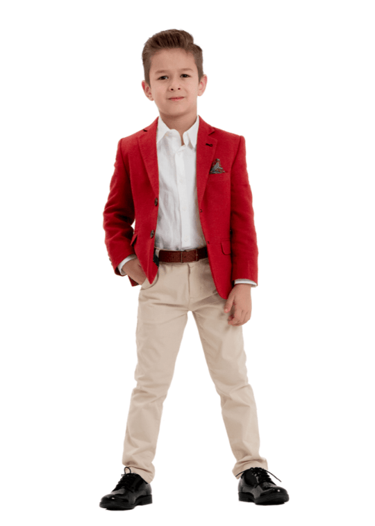 3 Piece Set, Red Jacket, Beige Pants and White Shirt 10076 Lemon