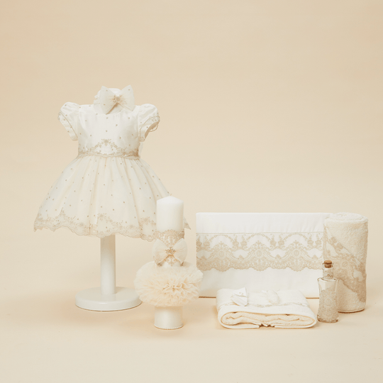 Set Botez Denisa 3 Piese, Rochita, Trusou si Lumanare Personalizat Botez AnneBebe