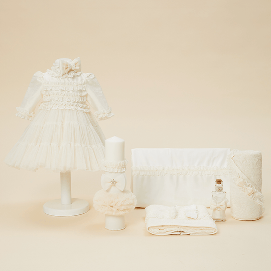 Set Botez Francisca 3 Piese, Rochita, Trusou si Lumanare Personalizabil Botez Fetite AnneBebe