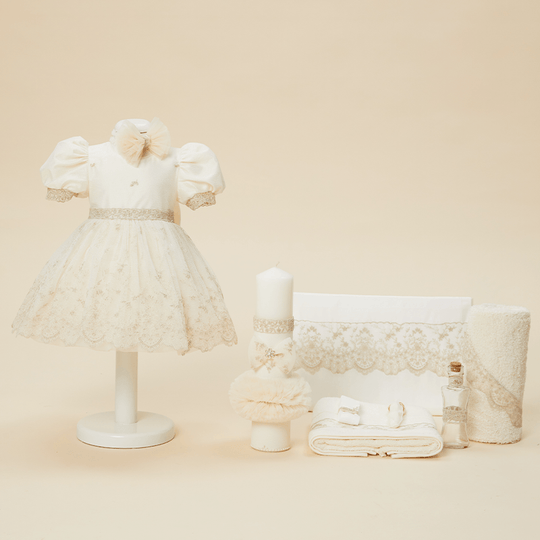 Marta Baptism Set 3 Pieces, Dress, Panty and AnneBebe Girls Baptism Candle