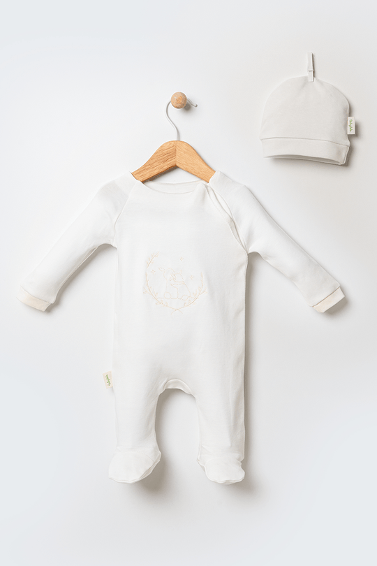 Set Salopeta Bebelusi Bumbac Crem Cu Iepuras si Fes 12746 Baby Dola