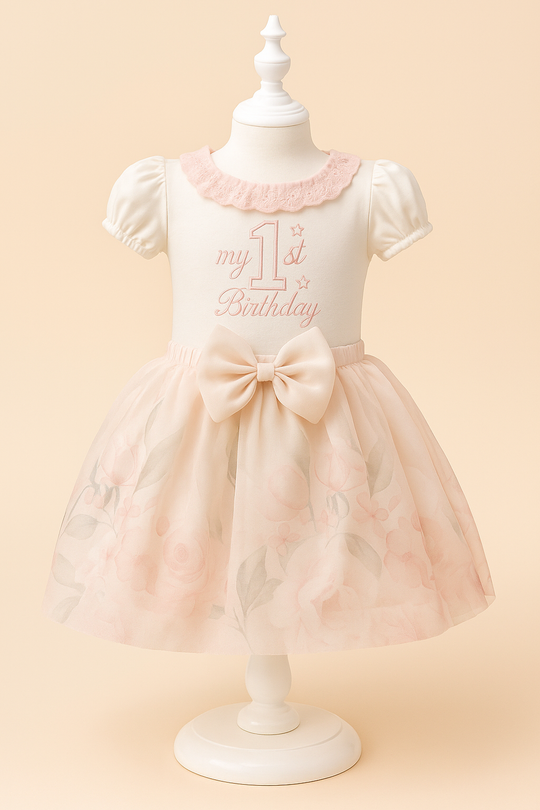 Set Aniversar 1 An Mot Turta Fetita Bumbac Body & Fustita Trandafiri AnneBebe