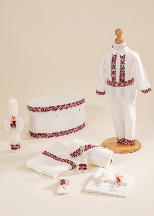 Set Botez Iurie 4 Piese, Costum, Trusou, Lumanare si Cufar Personalizat Botez AnneBebe