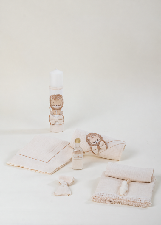 Embroidered Lion Baptism Set (Hector and Enzo) 2 Pieces Candle and Personalized Baptism Outfit AnneBebe