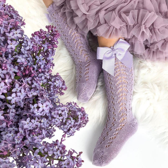 Шкарпетки з візерунком макраме бавовняні бузкові з бантом Baby Girl Condor 2519/2 