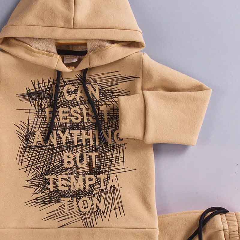 AnneBebe - Set 2 Piese Bej Hanorac Cu Gluga & Imprimeu Negru & Pantaloni Sport Unisex 4128 Gold Class