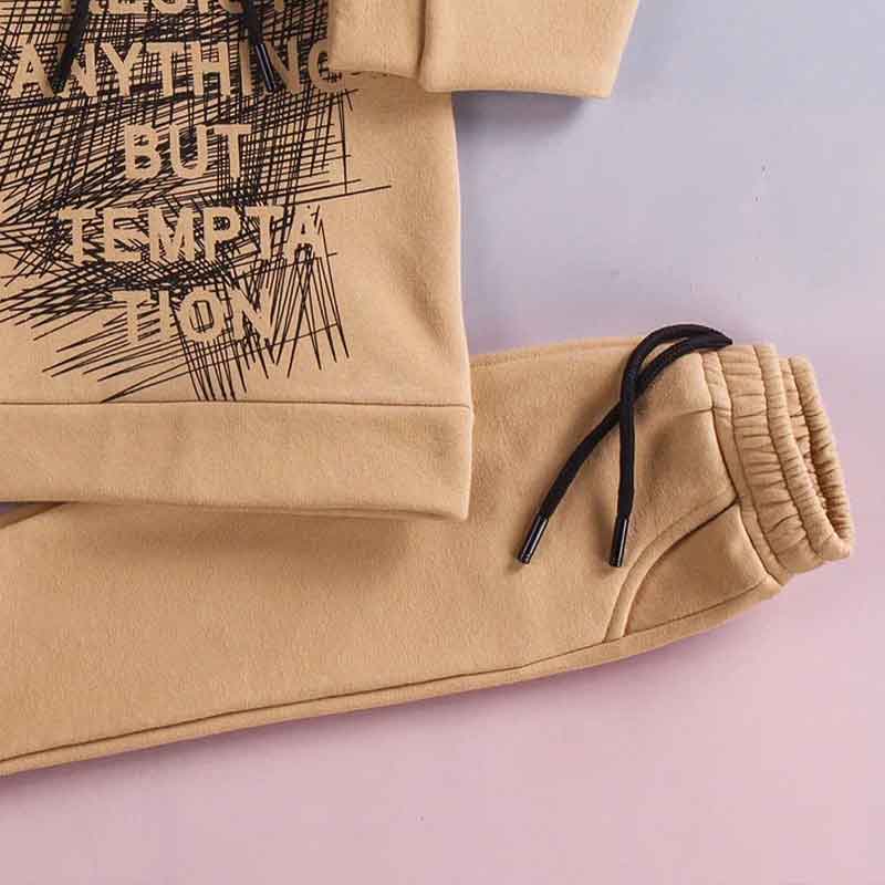 AnneBebe - Set 2 Piese Bej Hanorac Cu Gluga & Imprimeu Negru & Pantaloni Sport Unisex 4128 Gold Class