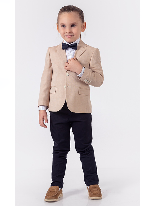 Costum Sacou Bej Camasa Alba Cu Imprimeu Pantaloni & Papion Bleumarin Baieti 9802 Lemon