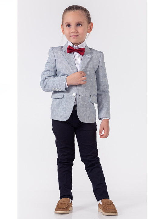 Costum Sacou Gri Camasa Alba Cu Picouri Pantaloni Bleumarin & Papion Rosu Baieti 9807 Lemon