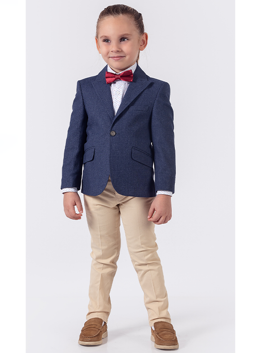 Costum Sacou Bleumarin Camasa Imprimeu Colorat Pantaloni Bej & Papion Baieti 9826 Lemon