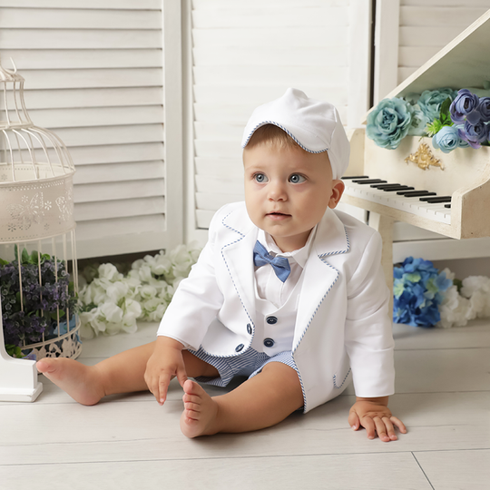 Costum Elegant Iosif Sacou Alb Pantalon Scurt Cu Dungi Albastre Baieti AnneBebe