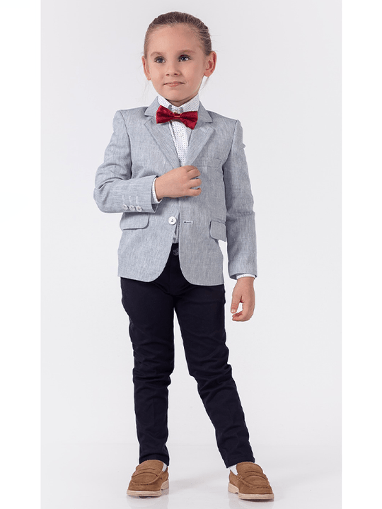 Costum Sacou Gri Camasa Alba Cu Picouri Pantaloni Bleumarin & Papion Rosu Baieti 9807 Lemon