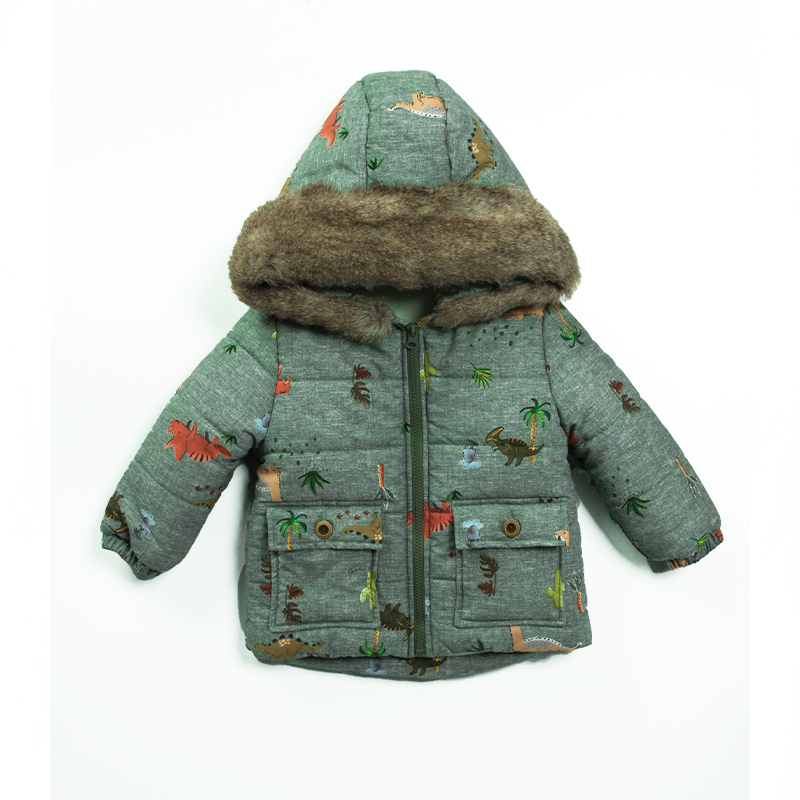 AnneBebe - Geaca Groasa Verde Cu Dinozauri & Gluga Cu Blana Baieti M22322 Midimod Gold