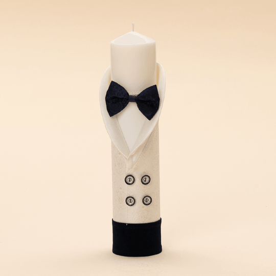 Cream Brocard Candle Shawl Collar &amp; Navy Blue Brocard Bowtie AnneBebe Boy