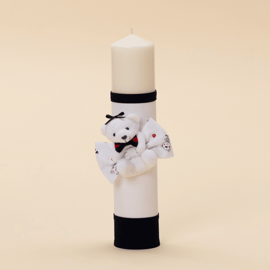 Nicholas Candle With Teddy Bear Bow With Red Print Baptism AnneBebe 