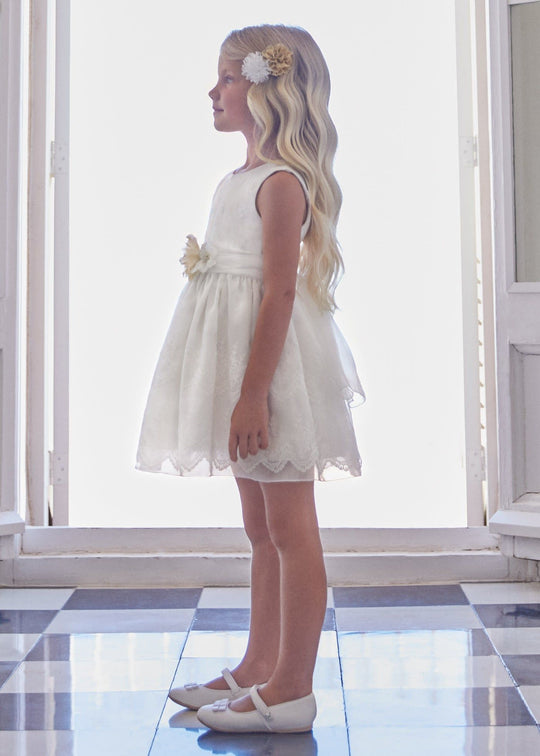 Rochie Alba Organza Cu Broderie Dantela & Cordon Cu Flori In Talie Fete 5022 Abel & Lula