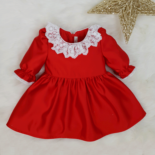 Rochita Craciunita Rosie Cu Dantela Alba Fetite AnneBebe