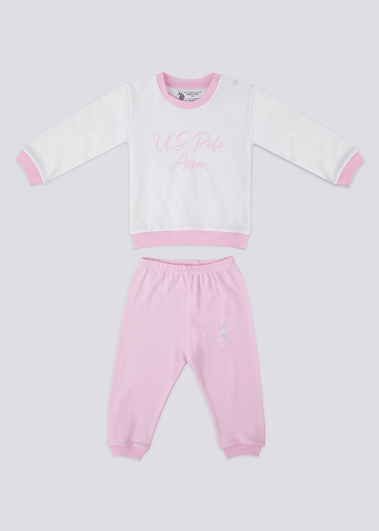 Set 2 Piese Bluza Crem Cu Roz Cu Maneca Lunga & Pantaloni Lungi Roz Fetite USB1232 Us Polo Assn