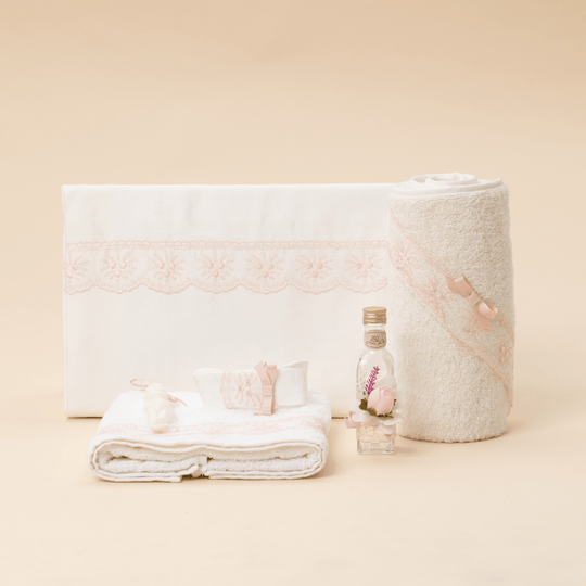 Trusou Crem Dantela Roz & Buchet Flori Roz Botez Fetite AnneBebe